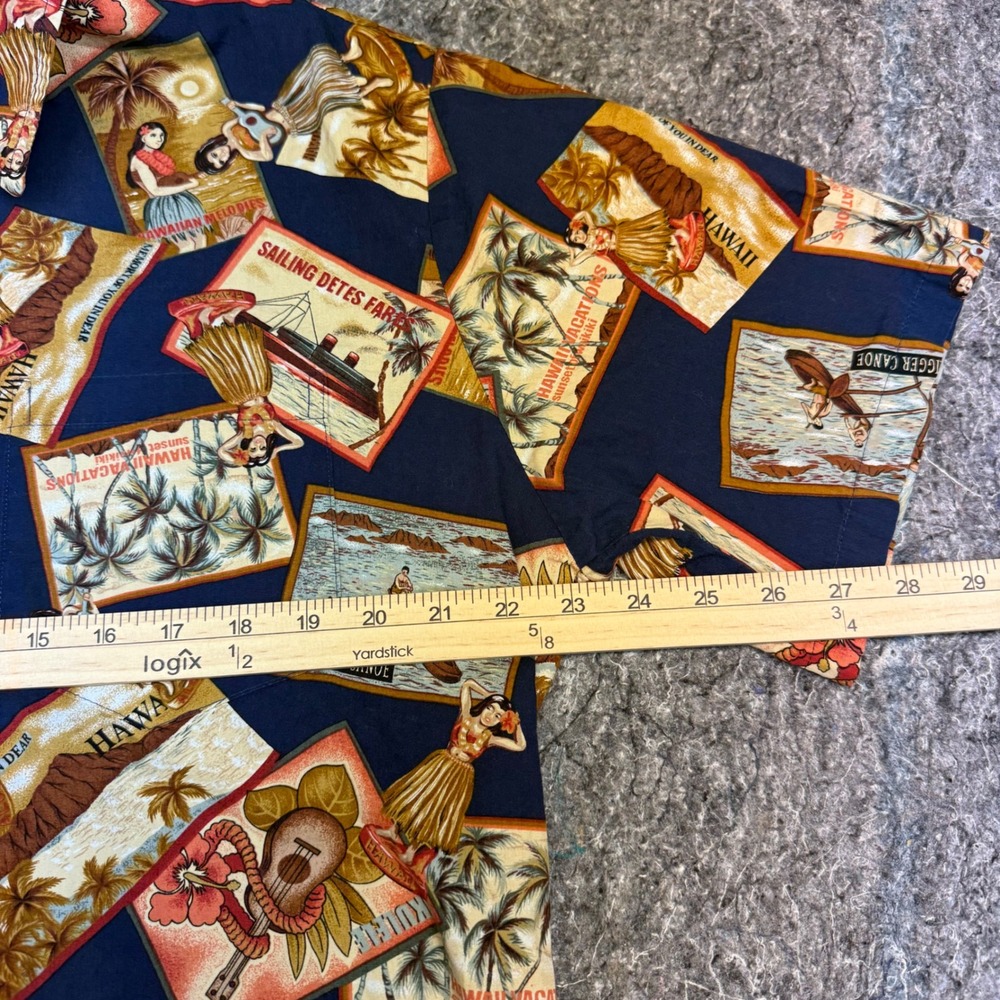 Howie Made in Hawaii Mens Large Postcard Print Cotton Aloha Shirt Navy Blue Vtg - Picture 4 of 9